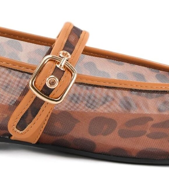 Women's Leopard Print Mesh Ballet Flats Square Toe Buckle Shoes for Dress - Picture 7 of 7